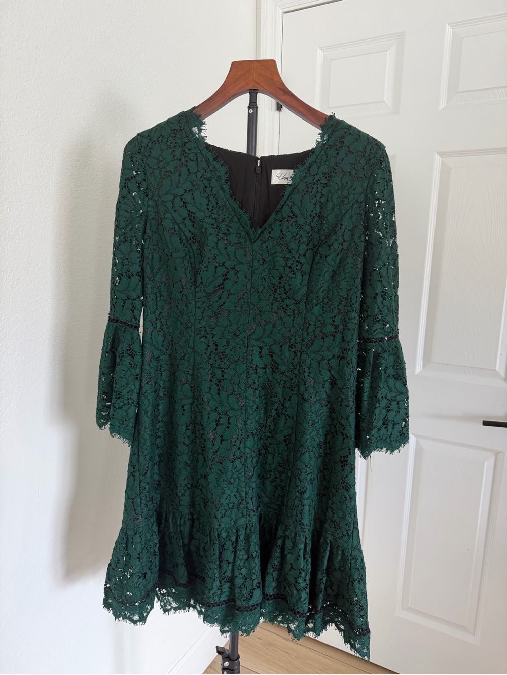 Eliza J Dark Green Lace Long-Sleeve Fit & Flare Dress